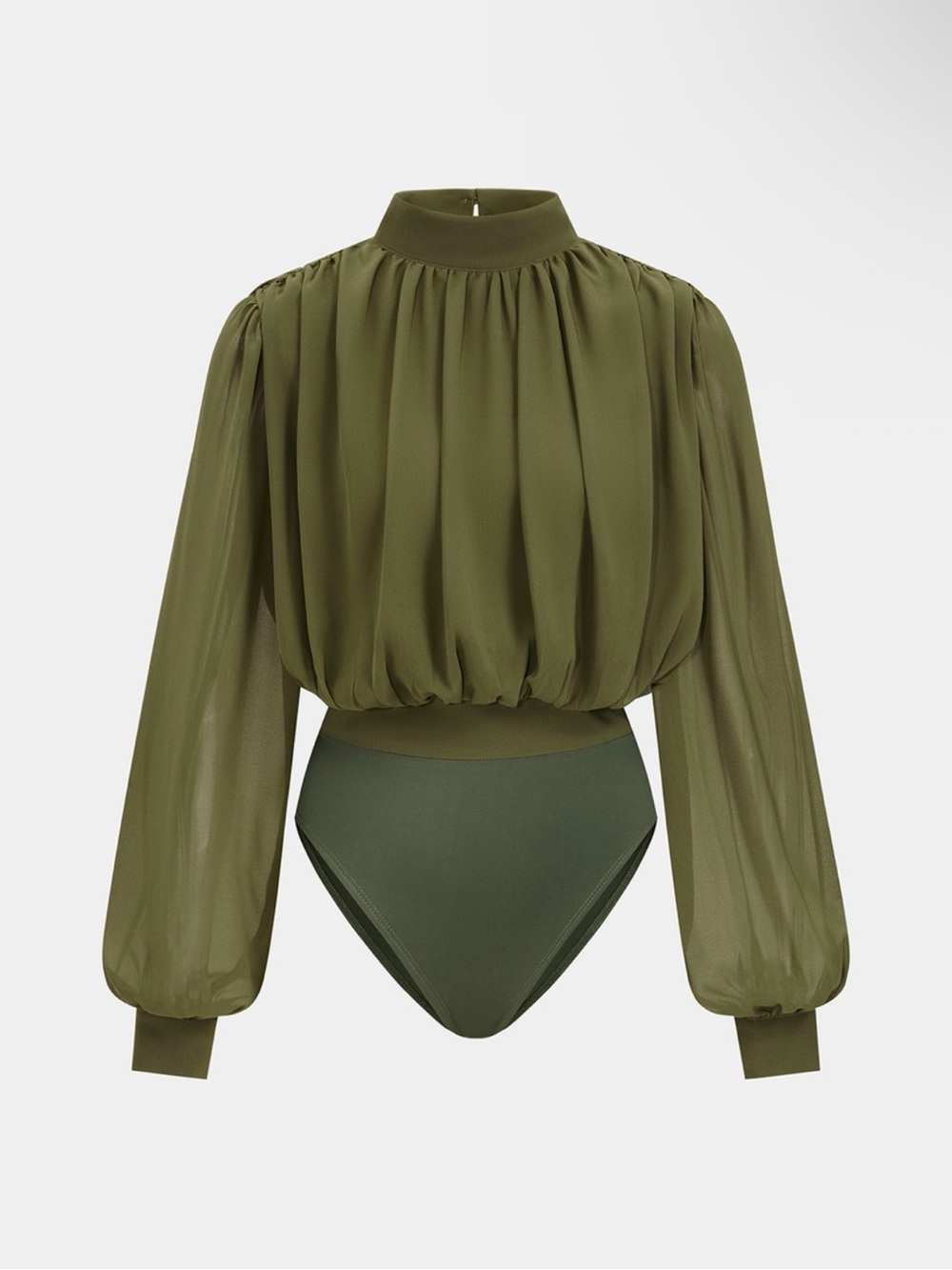 Commense Semi-Sheer Puff-Sleeve Ruched Bodysuit